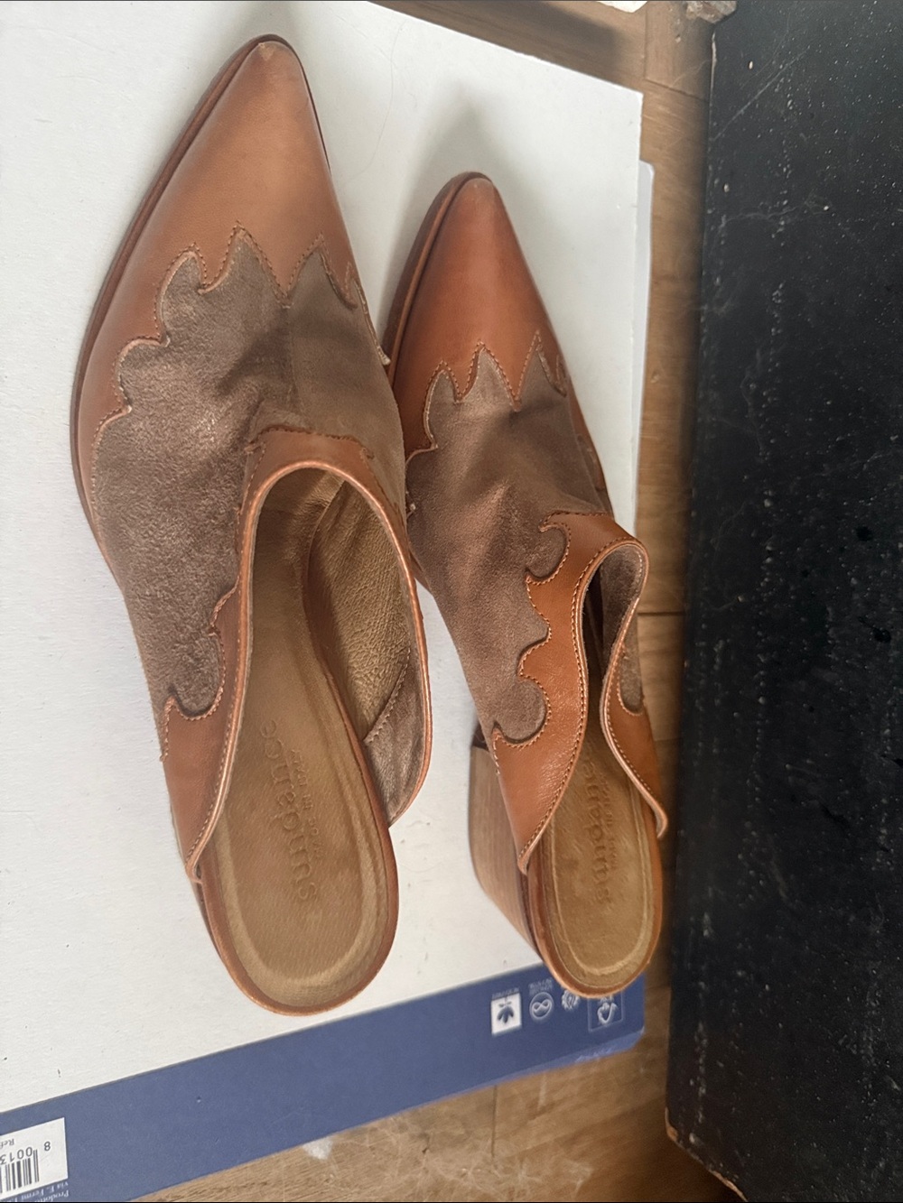 Sundance Tan and Brown Leather Suede Pointed Mules